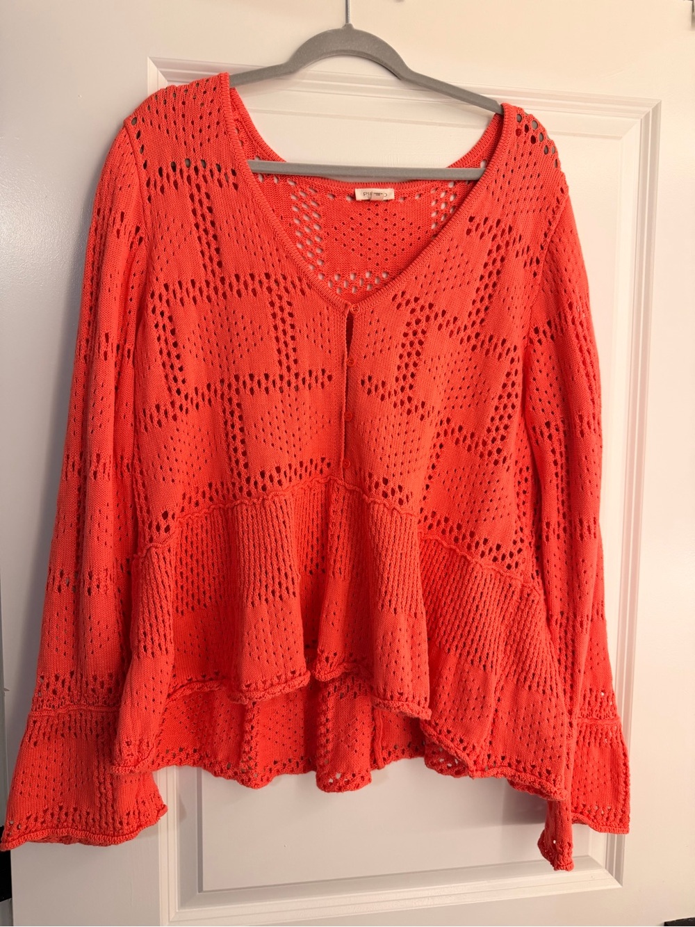 Pilcro Open-Knit V-Neck Peplum Sweater in Coral